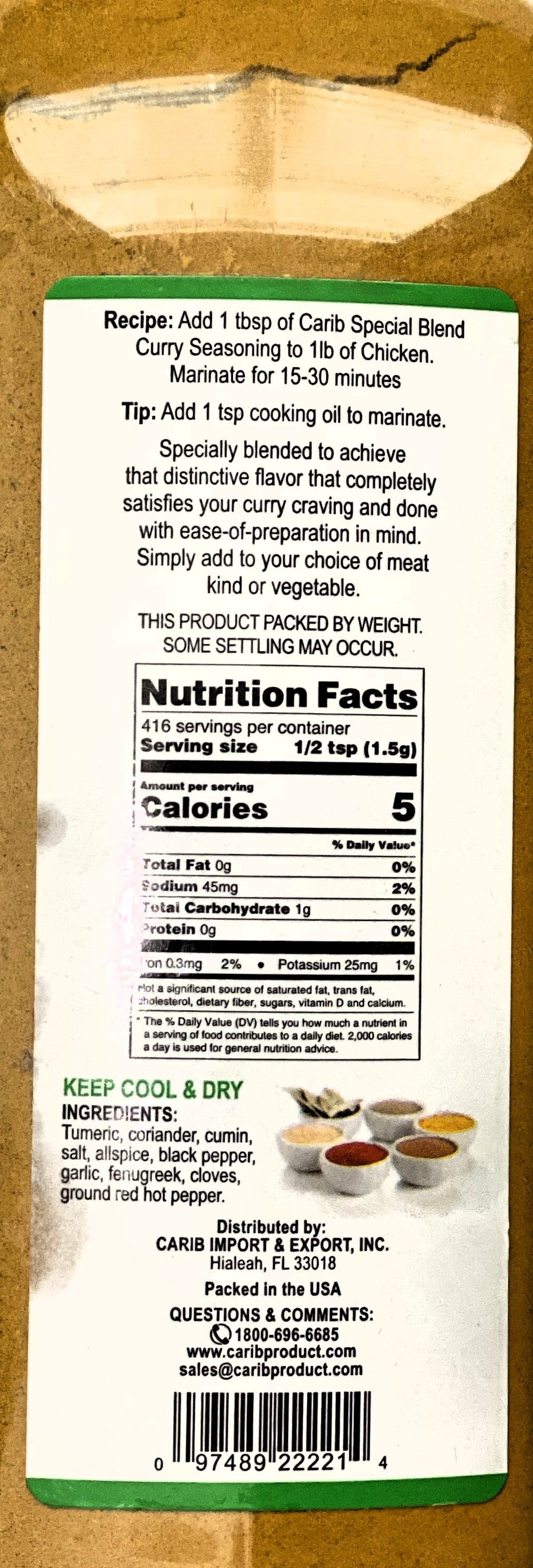 Carib Curry Powder No MSG | 22oz (624g) | (Bulk) Case Pack