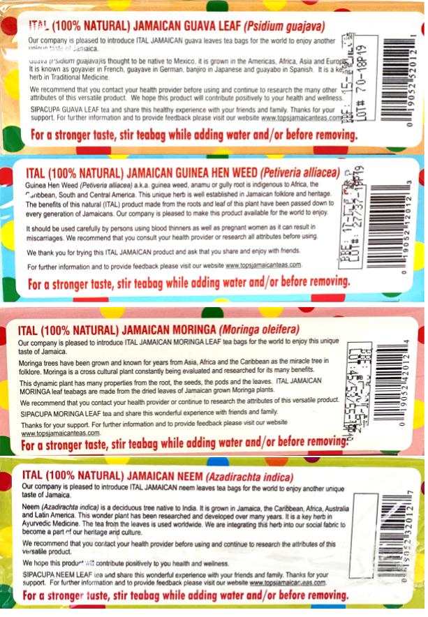 Sipacupa Ital Jamaican Tea Variety Pack | Guinea Hen Weed, Guava, Neem & Moringa | Product of Jamaica
