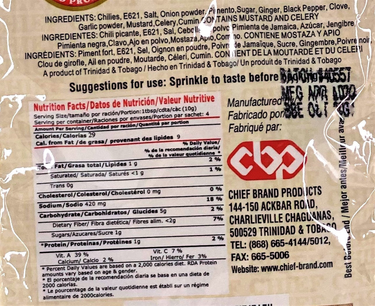 Chief Jerk Seasoning | Product of Trinidad & Tobago | 1.4oz (40g) | (Bulk) Case Pack