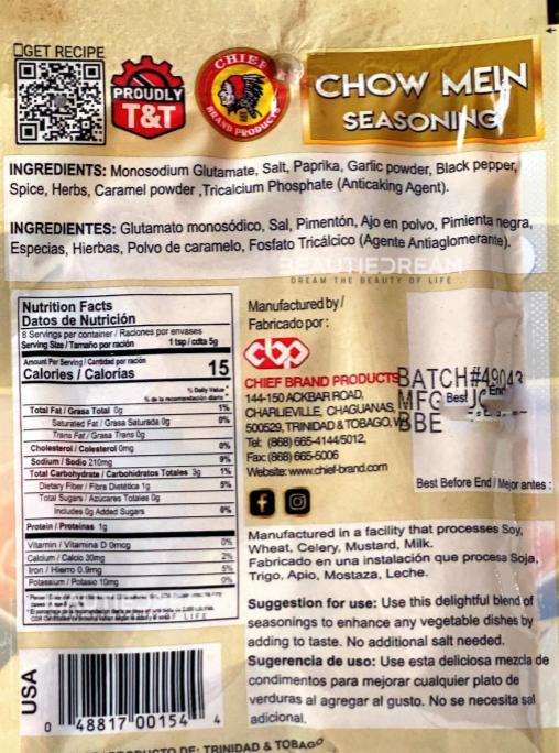 Chief Chow Mein Seasoning | Product of Trinidad & Tobago | 1.4 oz (28g) | (Bulk) Case Pack