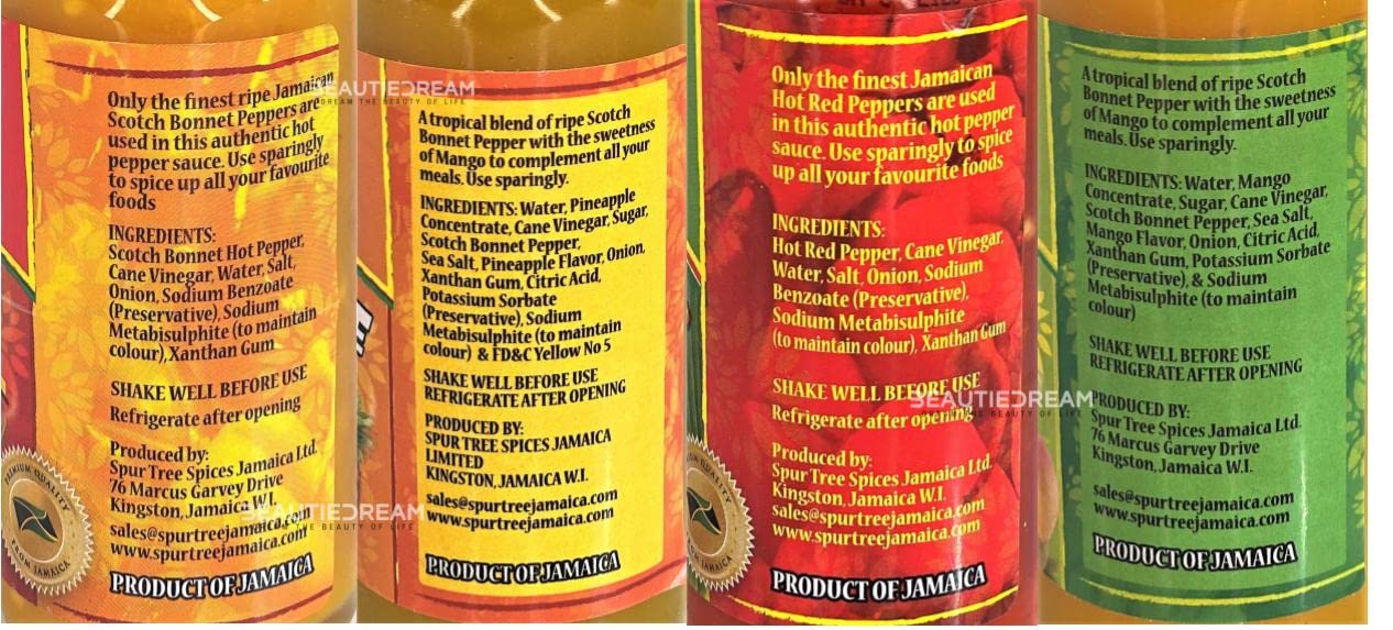 Spur Tree Hot Sauce Variety Pack | Scotch Bonnet Pepper, Pineapple, Mango, Crushed Red Pepper | Product of Jamaica