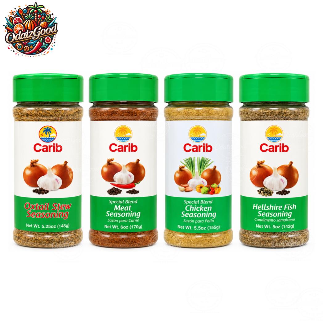 Carib Chicken Seasoning, Hellshire Fish Seasoning, Meat Seasoning, Oxtail Stew Seasoning 5oz – 4 Pack Seasoning Bundle