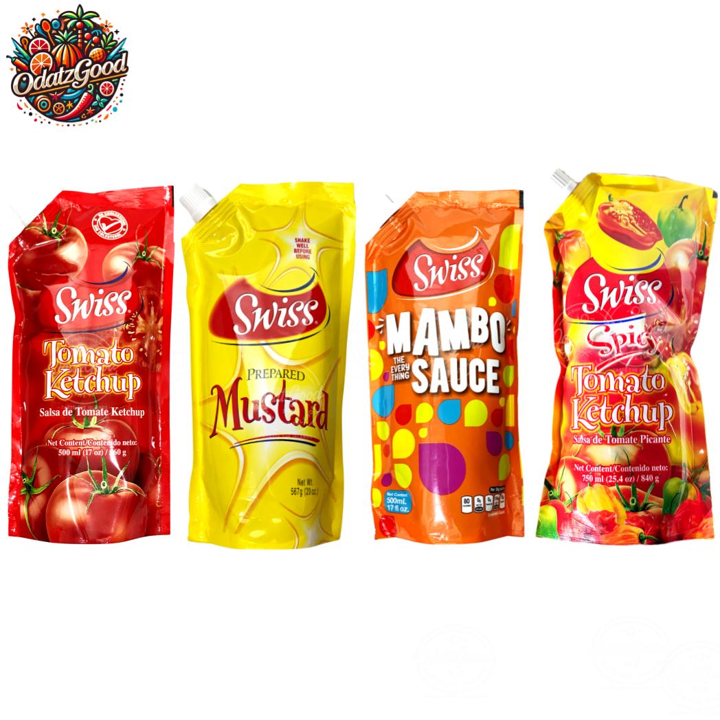 Swiss Caribbean Sauce & Condiment Variety 4-Pack – Mambo Sauce, Mustard, Spicy Ketchup & Tomato Ketchup 79.4oz