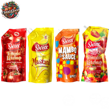Swiss Caribbean Sauce & Condiment Variety 4-Pack – Mambo Sauce, Mustard, Spicy Ketchup & Tomato Ketchup 79.4oz