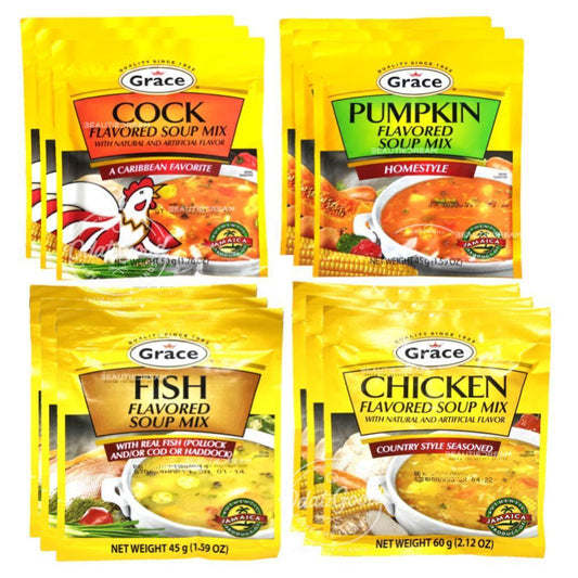 Grace Soup Mix Variety Pack | Cock, Pumpkin, Fish & Chicken Noodle Flavors | Product of Jamaica