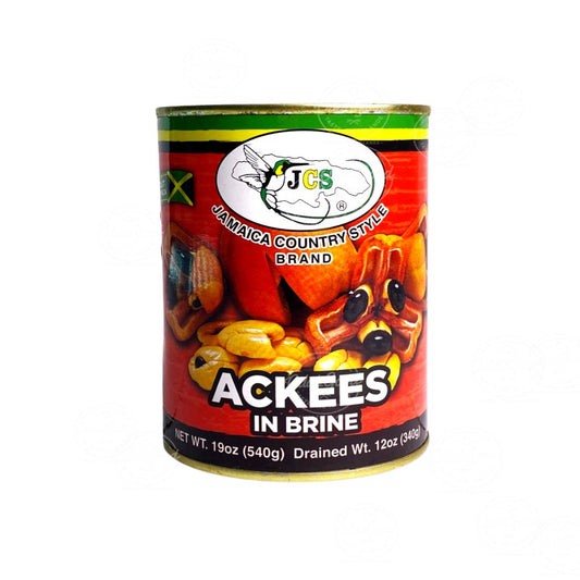 A 19 oz can of JCS Jamaica Country Style Brand 'Ackees in Brine' on a plain white background.