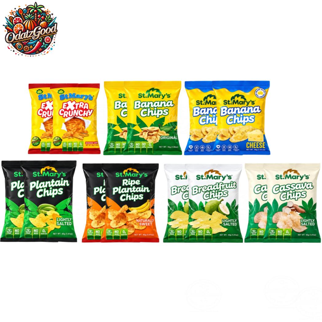 St. Mary’s Caribbean Chips Variety 14-Pack 22.44oz (636g) – Banana, Plantain, Breadfruit & Cassava Snacks
