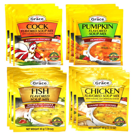 Grace Soup Mix Variety Pack | Cock, Pumpkin, Fish & Chicken Noodle Flavors | Product of Jamaica