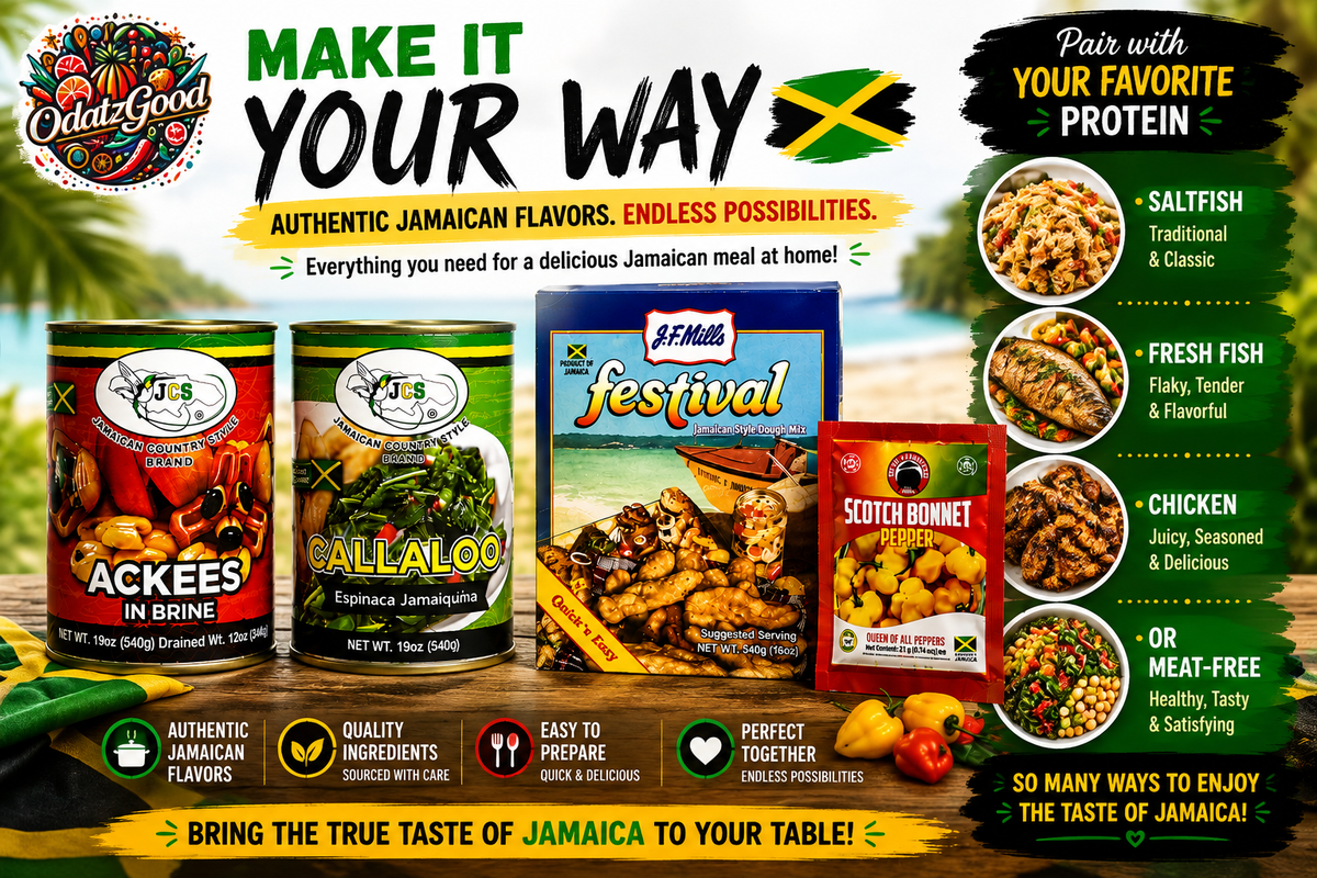 ODatzGood Taste of Jamaica 4-Piece Food Bundle – Ackee, Callaloo, Festival Mix & Scotch Bonnet Pepper