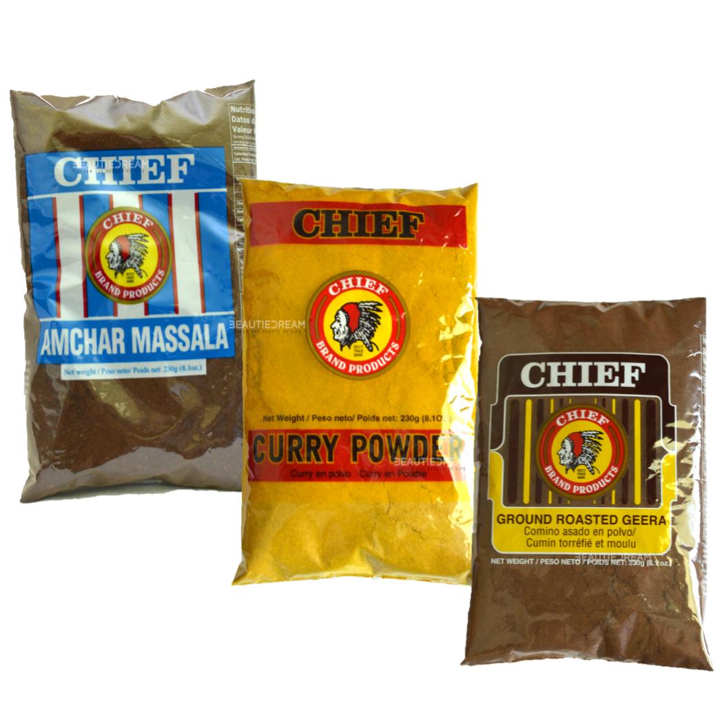 Chief Brand Products Curry, Amchar Massala & Ground Roasted Geera Pack of 3