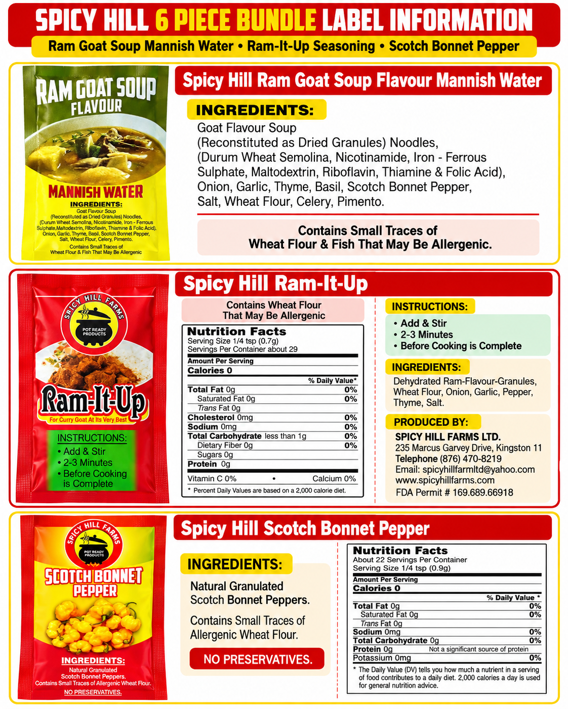 Spicy Hill Ram Goat Soup Mannish Water, Ram It Up Seasoning & Scotch Bonnet Pepper – 6 Piece