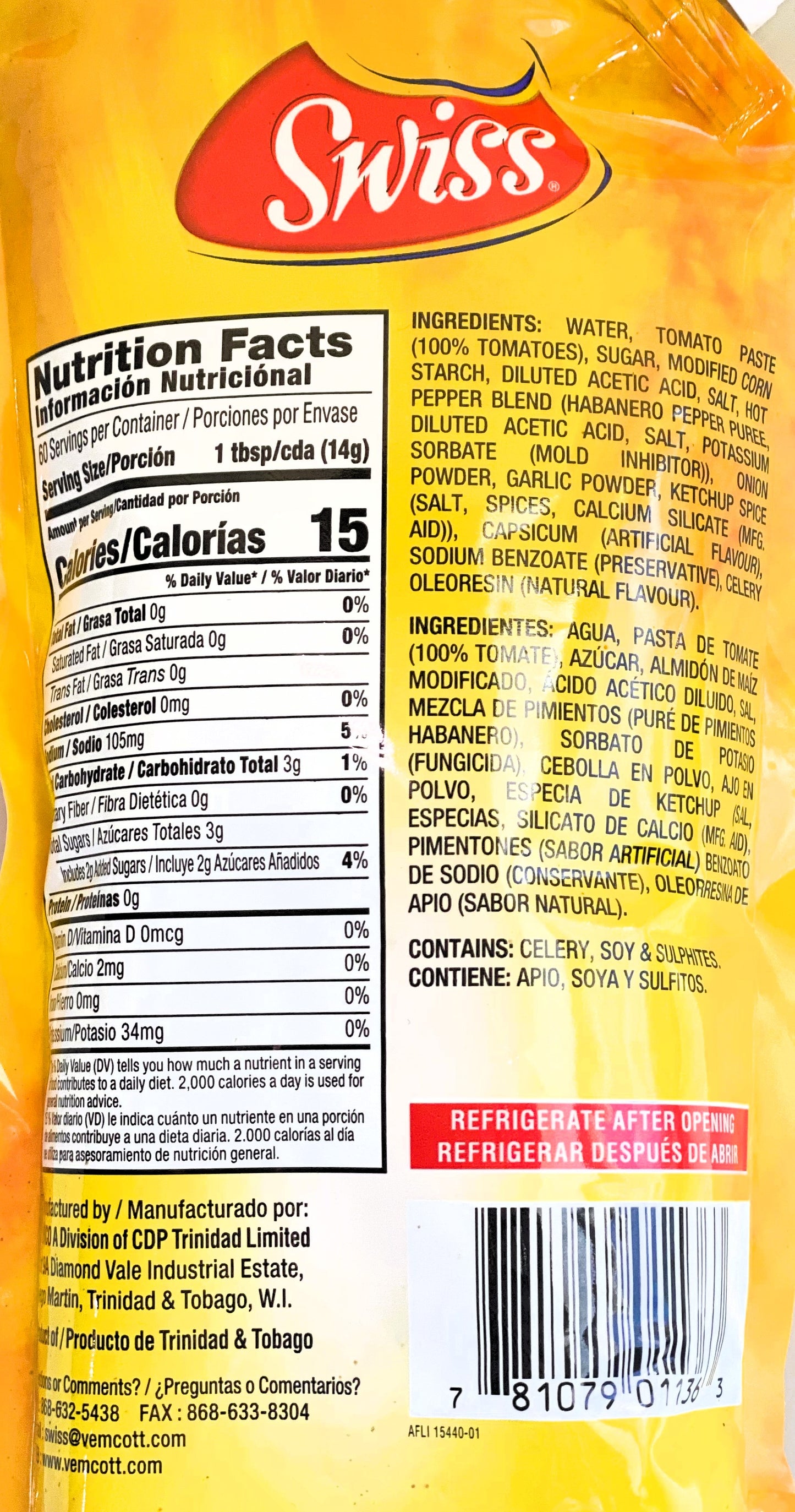 Swiss Spicy Tamato Ketchup | Product of Trinidad & Tobago | 25.4oz (840g) | (Bulk) Case Pack