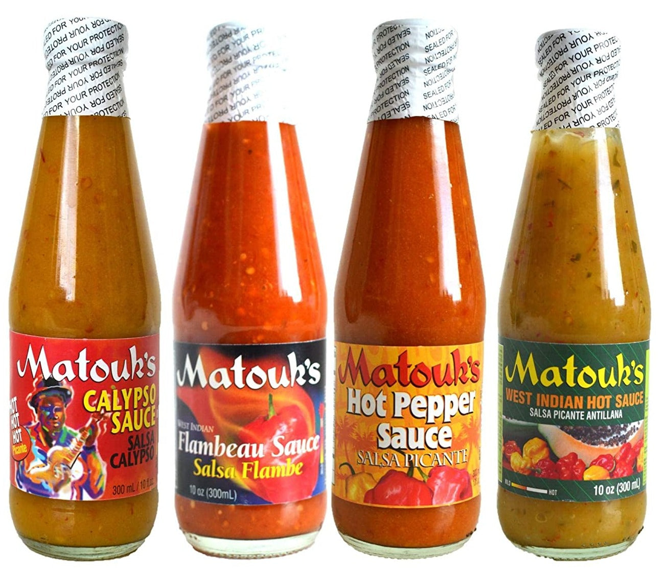 Matouk's Calypso Flambeau West Indian and Hot Pepper Sauce 10 Ounce Variety Pack of 4